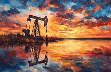 Oil pumpjack during a vibrant sunset with reflection on water, oil painting style