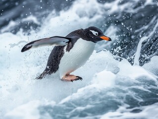 Fototapeta premium Majestic Penguin Diving into Icy Antarctic Waters with Dramatic Icy Landscape