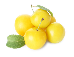 Ripe plums with leaves isolated on white