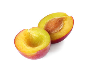 Halves of ripe plum isolated on white