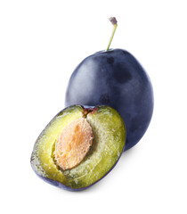 Whole and cut plum isolated on white