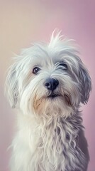 A close-up portrait of a Dandie Dinmont Terrier, highlighting its unique features and fluffy fur against a soft pastel background