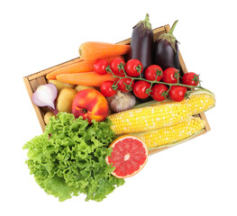 Different fresh vegetables and fruits in wooden crate isolated on white, top view