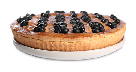 Tasty homemade pie with blueberries isolated on white
