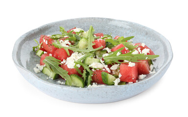 Delicious watermelon salad with feta cheese, cucumber and arugula isolated on white