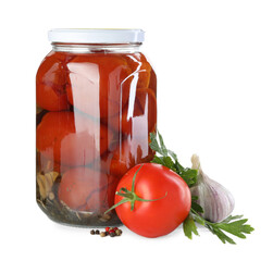 Tasty pickled tomatoes in jar, fresh vegetable and spices isolated on white