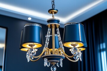 A three-tiered chandelier with brass and crystal accents, adding elegance to a classic Parisian-style apartment