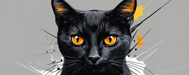 Illustration of a black cat with striking orange eyes and vibrant details