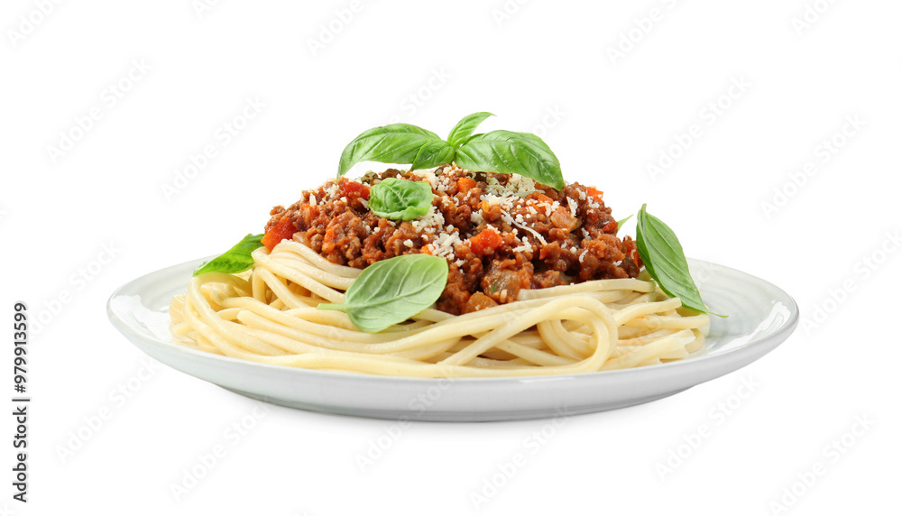 Canvas Prints Delicious pasta bolognese with basil isolated on white