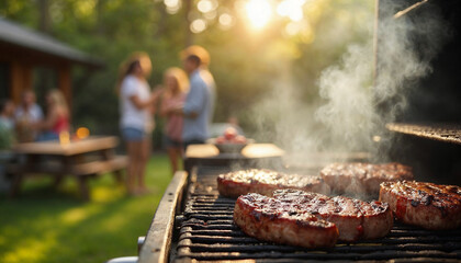 Sizzling steaks and sausages on a barbecue grill, with a friendly backyard gathering in the background.






