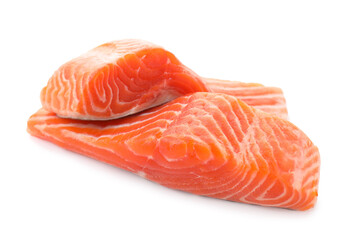 Pieces of fresh salmon isolated on white