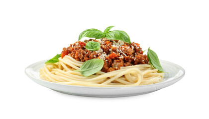 Delicious pasta bolognese with basil isolated on white