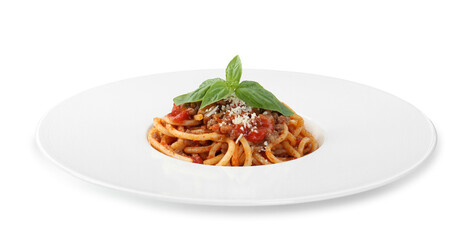 Delicious pasta bolognese with basil isolated on white