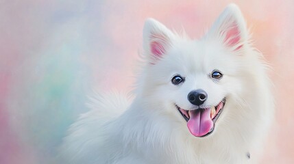 A playful American Eskimo Dog with its tongue out, capturing the essence of joy against a soft pastel backdrop