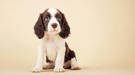 A playful English Springer Spaniel puppy sitting on a light solid color background, looking curiously at the camera