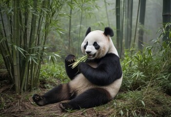 Obraz premium Panda enjoying bamboo in the forest
