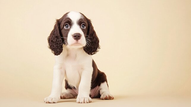 A playful English Springer Spaniel puppy sitting on a light solid color background, looking curiously at the camera