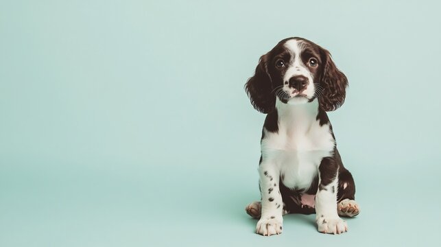 A playful English Springer Spaniel puppy sitting on a light solid color background, looking curiously at the camera