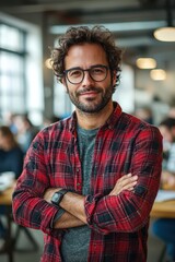 Fototapeta premium Confident man in casual plaid shirt and glasses standing with arms crossed in a modern office setting
