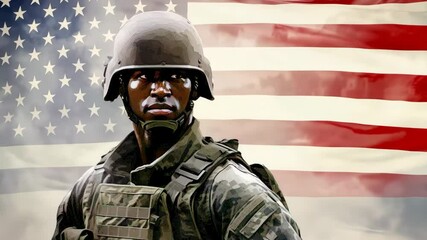 US Soldier standing against waving American flag animation. Independence Day and Memorial Day concept. 4th of July. United States of America