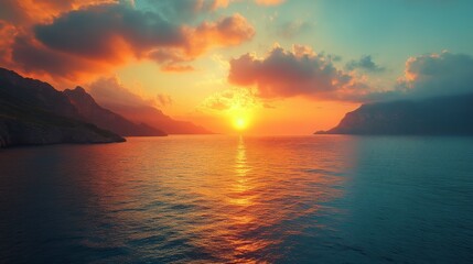 Naklejka premium Majestic Sunset Landscape Over Serene Ocean or Mountain Lake