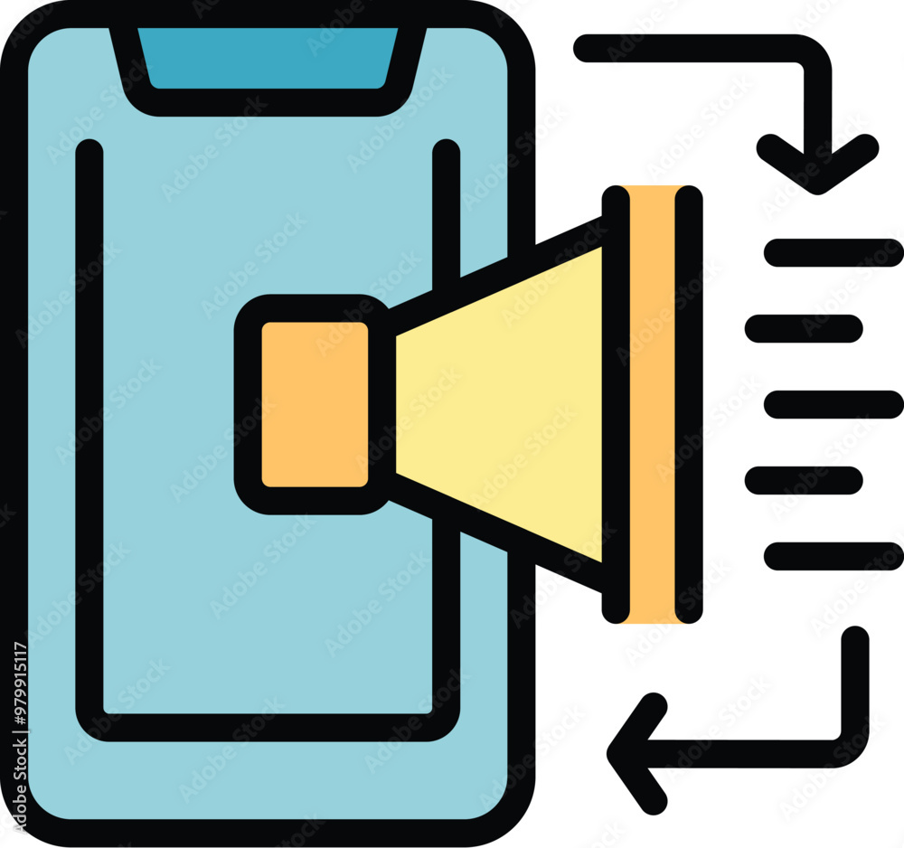 Poster smartphone with a big loudspeaker is increasing volume with two arrows making a loop around it