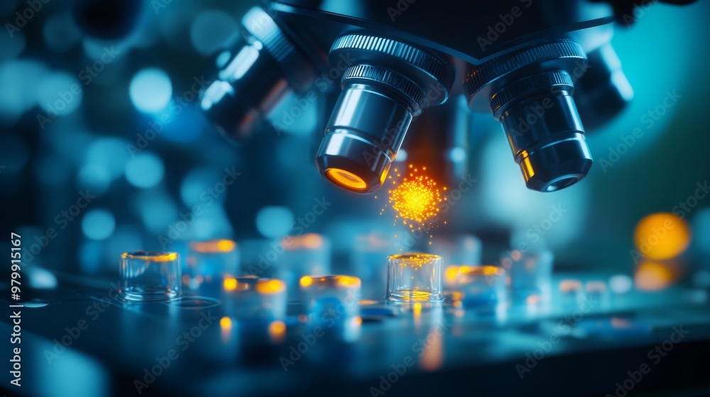 Poster a close-up of a microscope lens focused on a sample, creating a bright orange light that illuminates