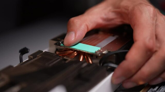 Technician skillfully replacing thermal pad on graphics card for better cooling, upgrade crucial for optimal computer performance, especially for gaming and overclocking, closeup, slow motion.