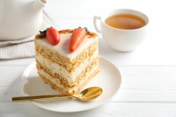 Piece of delicious carrot cake on white wooden table, closeup