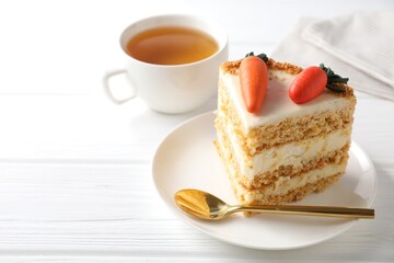 Piece of delicious carrot cake on white wooden table, closeup. Space for text