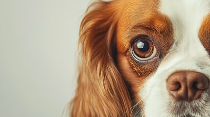 Naklejka premium A close-up of a French Spaniel's face, capturing its expressive eyes and soft fur, set against a light solid color backdrop