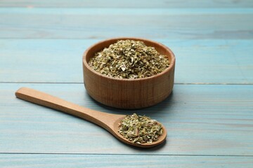 Dried oregano in bowl and spoon on light blue wooden table, closeup
