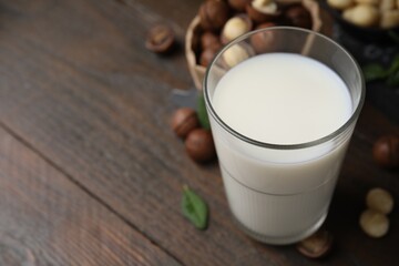 Glass of macadamia milk and nuts on wooden table, closeup. Space for text