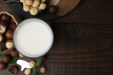 Glass of macadamia milk and nuts on wooden table, flat lay. Space for text