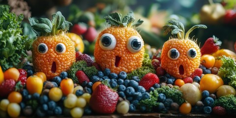 Explore a lively city where vegetables and fruits are animated with expressive traits and faces