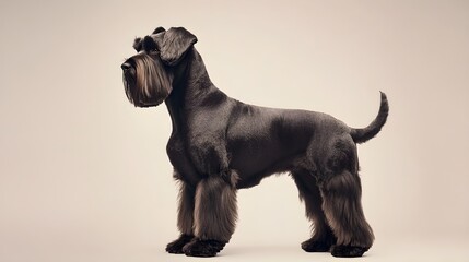 A majestic Giant Schnauzer standing proudly with its fur glistening in a soft light, showcasing the breed's distinctive beard and eyebrows against a light solid color background