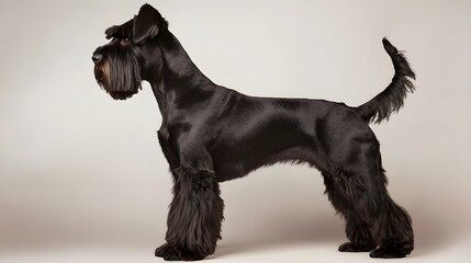 A majestic Giant Schnauzer standing proudly with its fur glistening in a soft light, showcasing the breed's distinctive beard and eyebrows against a light solid color background