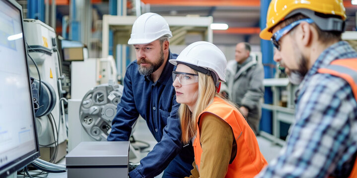 Ingenieros industriales en proyectos, a trav&eacute;s del ordenador. Un grupo de ingenieros, reunido y debatiendo con su mirada atenta a un monitor.