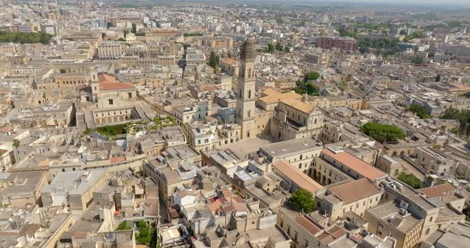 Aerial view of the church of Santa Irene and cathedral of Lecce, in Apulia, Italy. These two churches are located in the historic center of the city.