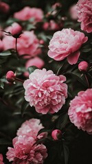 Close-up of vibrant pink peonies in full bloom with lush green leaves, a symbol of elegance and beauty
