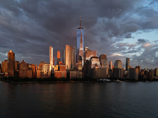 NYC aerial view, New York City Skyline with dramatic sky. Panoramic drone view on Manhattan in NY.