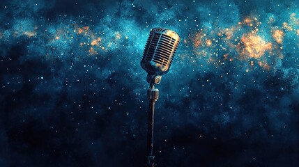 Moody Watercolor Microphone on Deep Blue Background with Digital Sound Waves - Studio Ambiance and Evening Light Editorial Concept