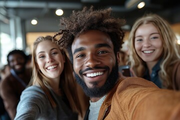 Fototapeta premium Team Bonding in Action: Colleagues Smiling Together at Corporate Event Selfie