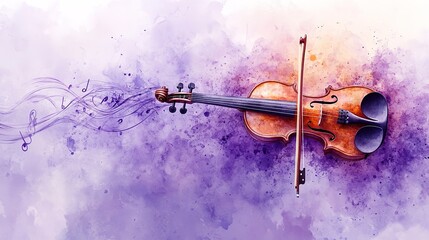 Fototapeta premium Harmonious Melody - Watercolor Violin in Elegant Purple Setting with Music Notes and Ambient Lighting