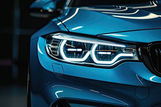 Blue xenon headlight of modern car on black background with copy space