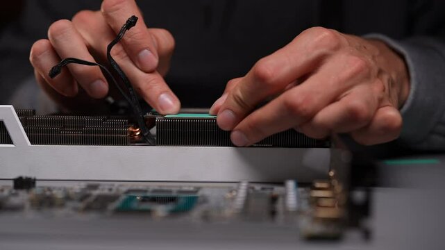 Closeup cropped shot of computer repair technician carefully placing new thermal pad on graphics card, ensuring optimal cooling performance and preventing overheating. Shooting in slow motion.