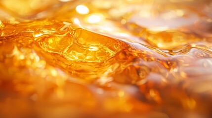  A tight shot of a yellow fluid in a container filled with golden flecks suspended in it, with a single water droplet hovering above the surface
