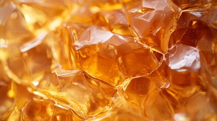  A tight shot of stacked ice cubes in yellow and orange hues, with ice atop