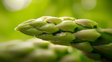  A tight shot of a verdant plant, adorned with water beads on its foliage, against a softly blurred backdrop