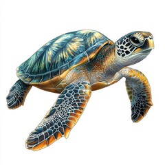 Fototapeta premium Colorful illustration of a turtle swimming gracefully through the water, showcasing its intricate shell patterns and vibrant colors, white background